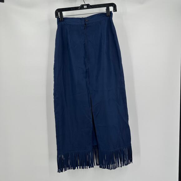Margos Womens Silk Midi Skirt 7/8 Fringe Boho Festival Western Blue - Picture 2 of 8